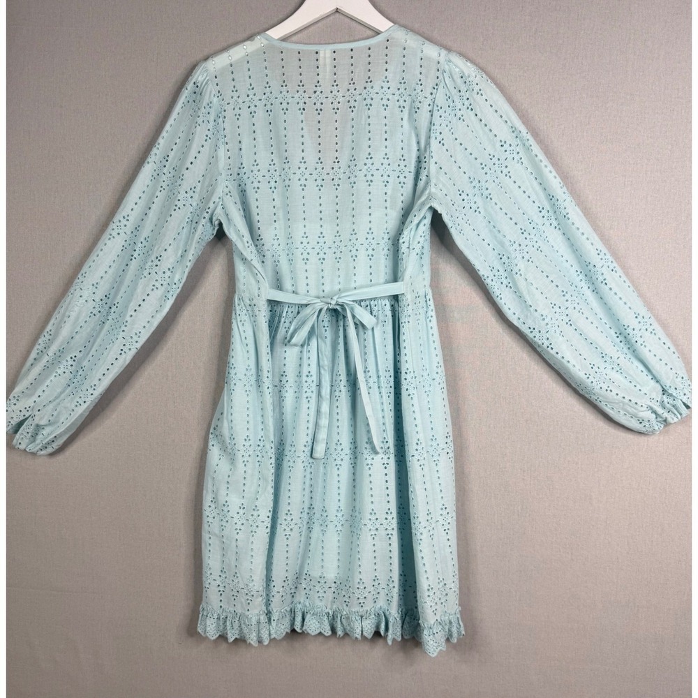 Anthropologie Eyelet Mini Dress Womens Size 6 Light Blue V-Neck Long Sleeve Boho - Picture 5 of 8